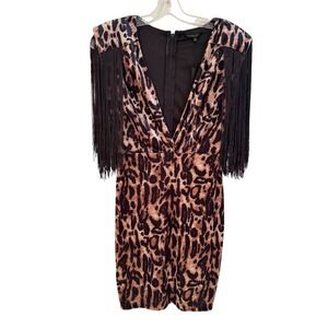 Symphony Animal Print Fringe Bodycon Mini Dress Women's Small‎ Brown Black Retro